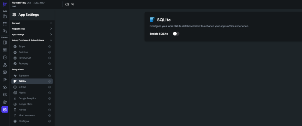 FlutterFlow SQLite Enable SQLite